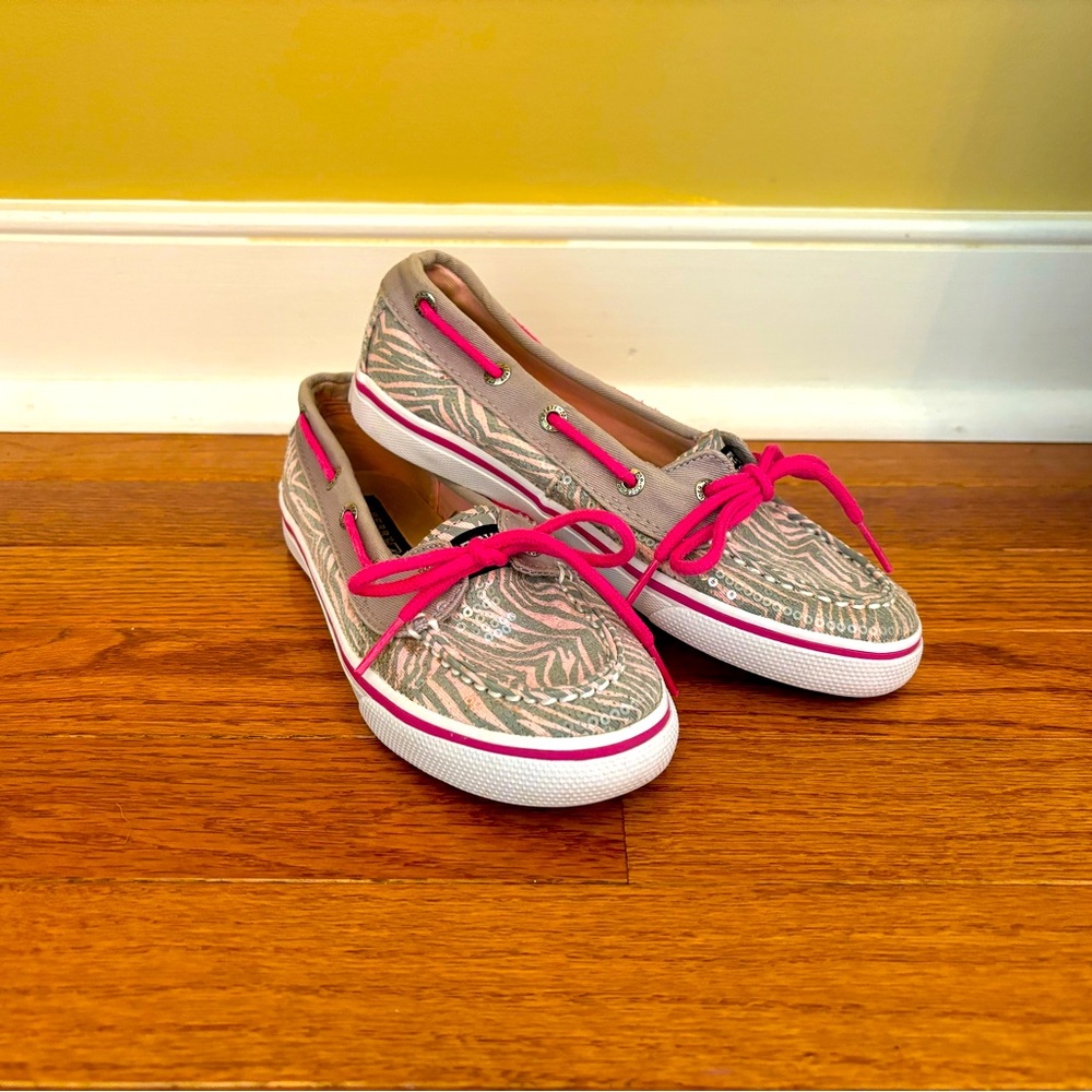Girls Sperry Sequin Zebra Strip Pink and Gray Boat Shoes Top-Sider Size 1